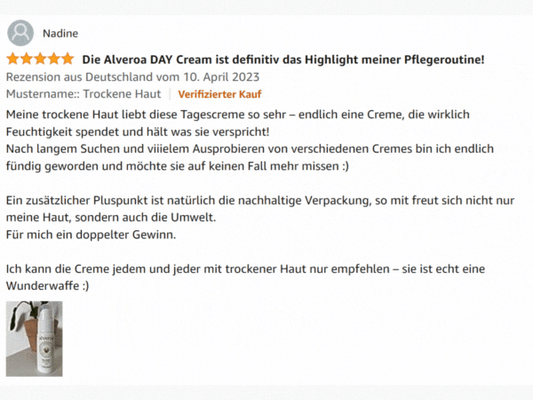 5* Rezension Amazon zu Alveroa Gesichtspflege